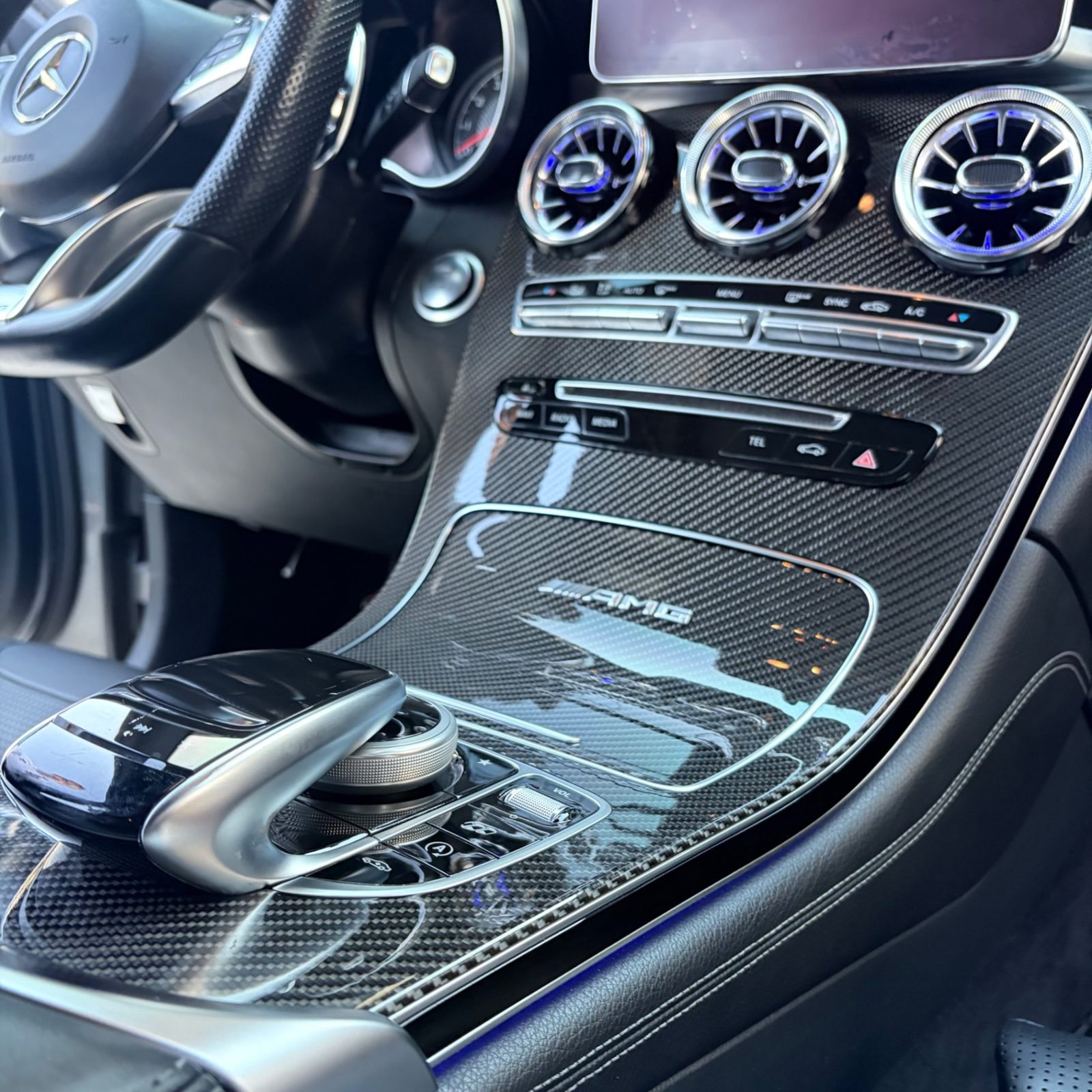 Cleaned carbon fiber AMG center console in the Mercedes-AMG GLC 63