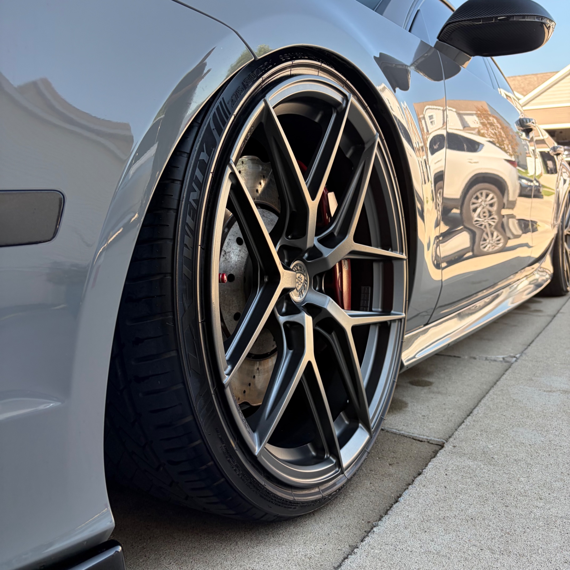 Cleaned wheel and brake caliper on an Audi RS7