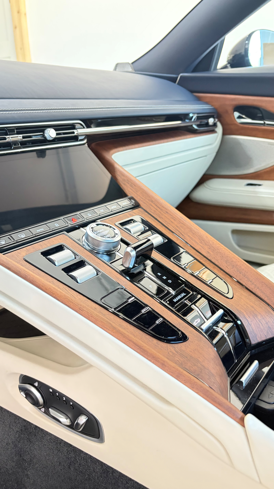 Center console of an Aston Martin DB12 Volante after interior detailing