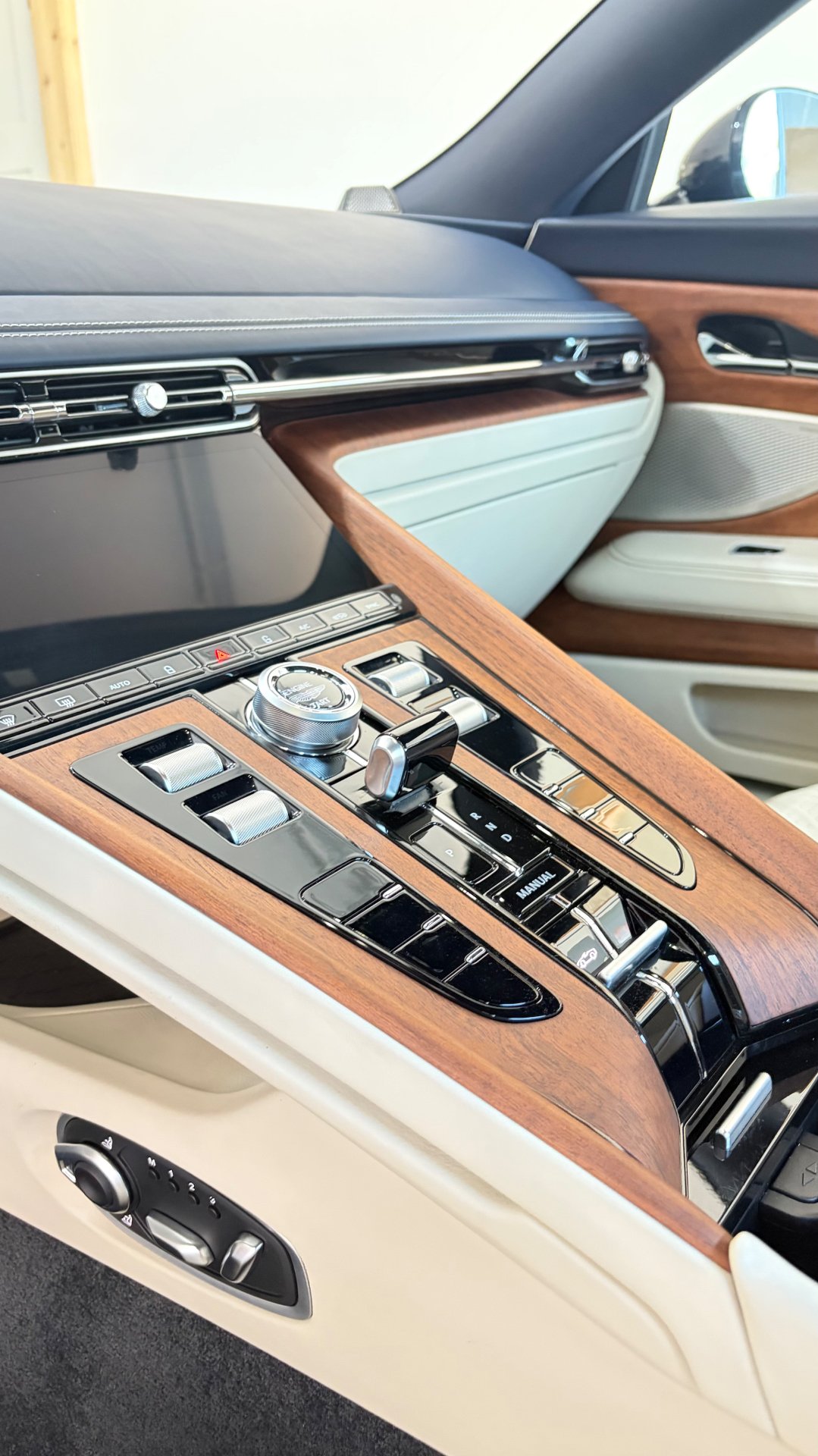 Center console of an Aston Martin DB12 Volante after interior detailing