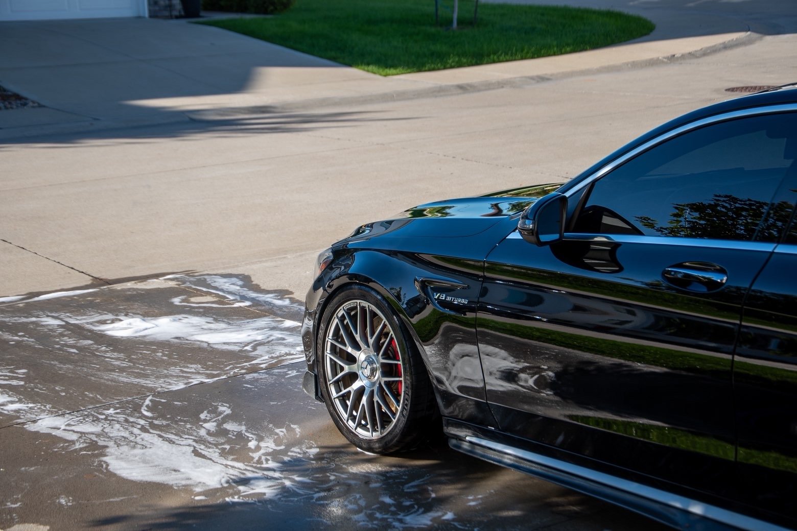 Front side of the AMG C 63 S with clean wheels and paint