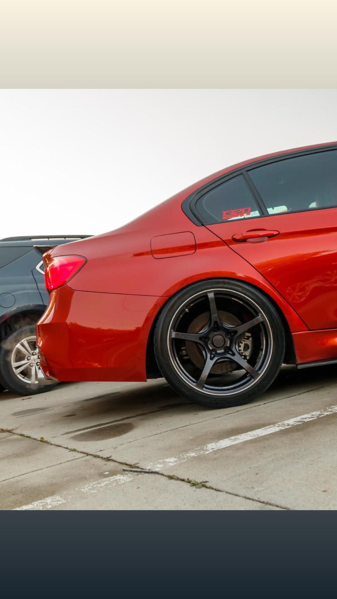 Rear wheel and finished paint on the red BMW F80 M3