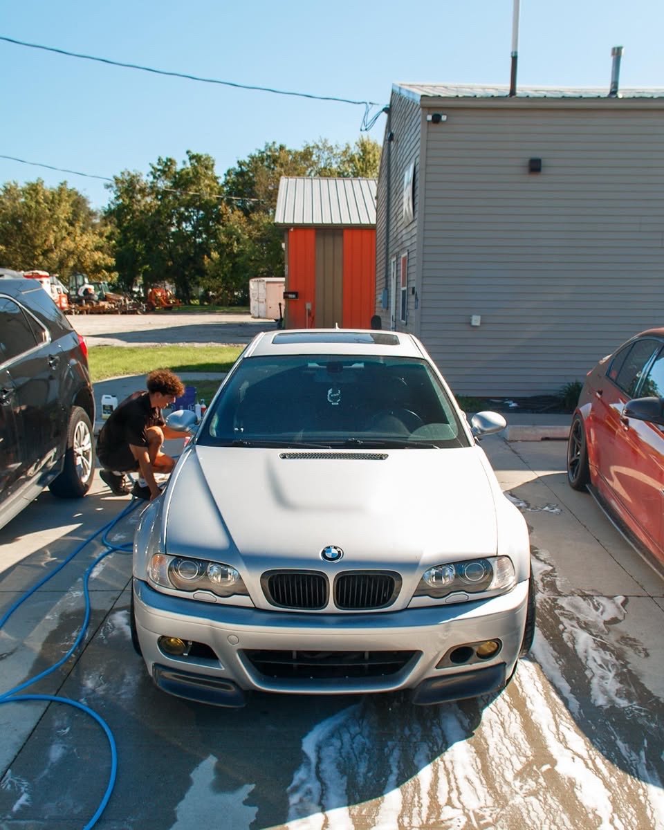 Front of the silver BMW E46 M3 during its Waukee exterior detail