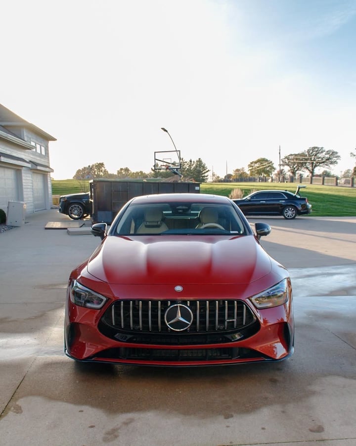 Finished red Mercedes-AMG GT 63 S front after a Full Detail in West Des Moines