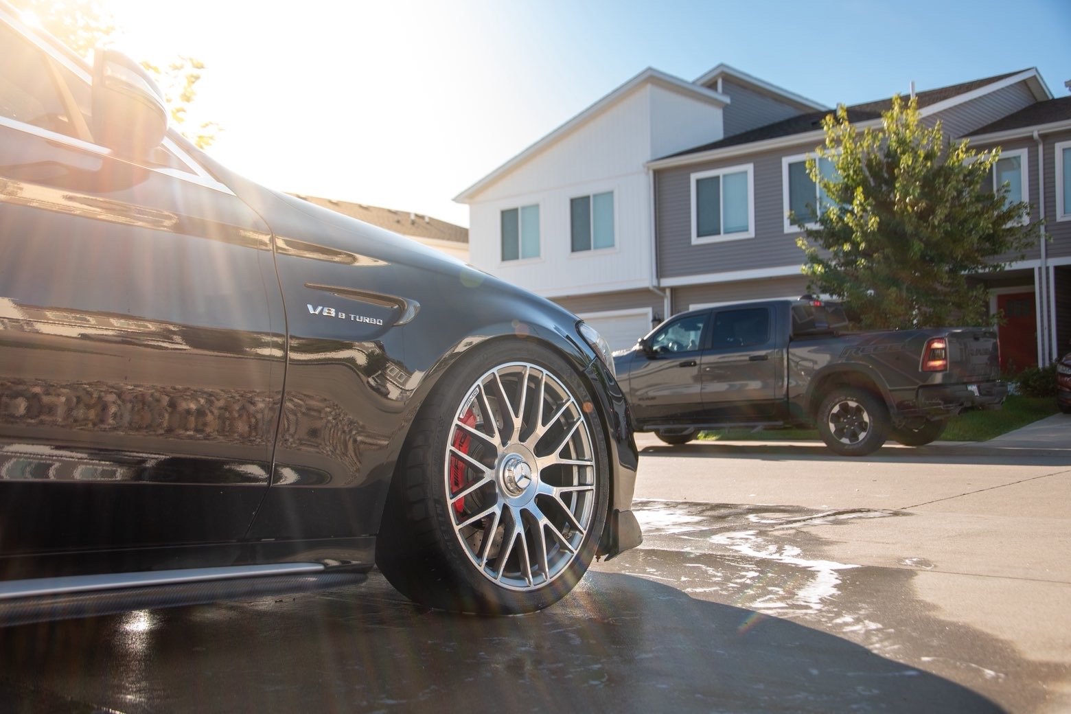 AMG C 63 S front wheel and V8 Biturbo badge cleaned during the detail