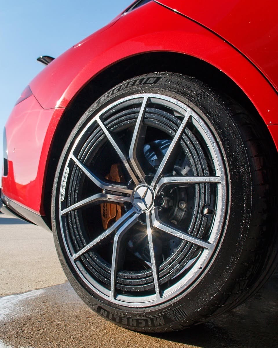 Close-up of the Mercedes-AMG GT 63 S wheel and tire during detailing